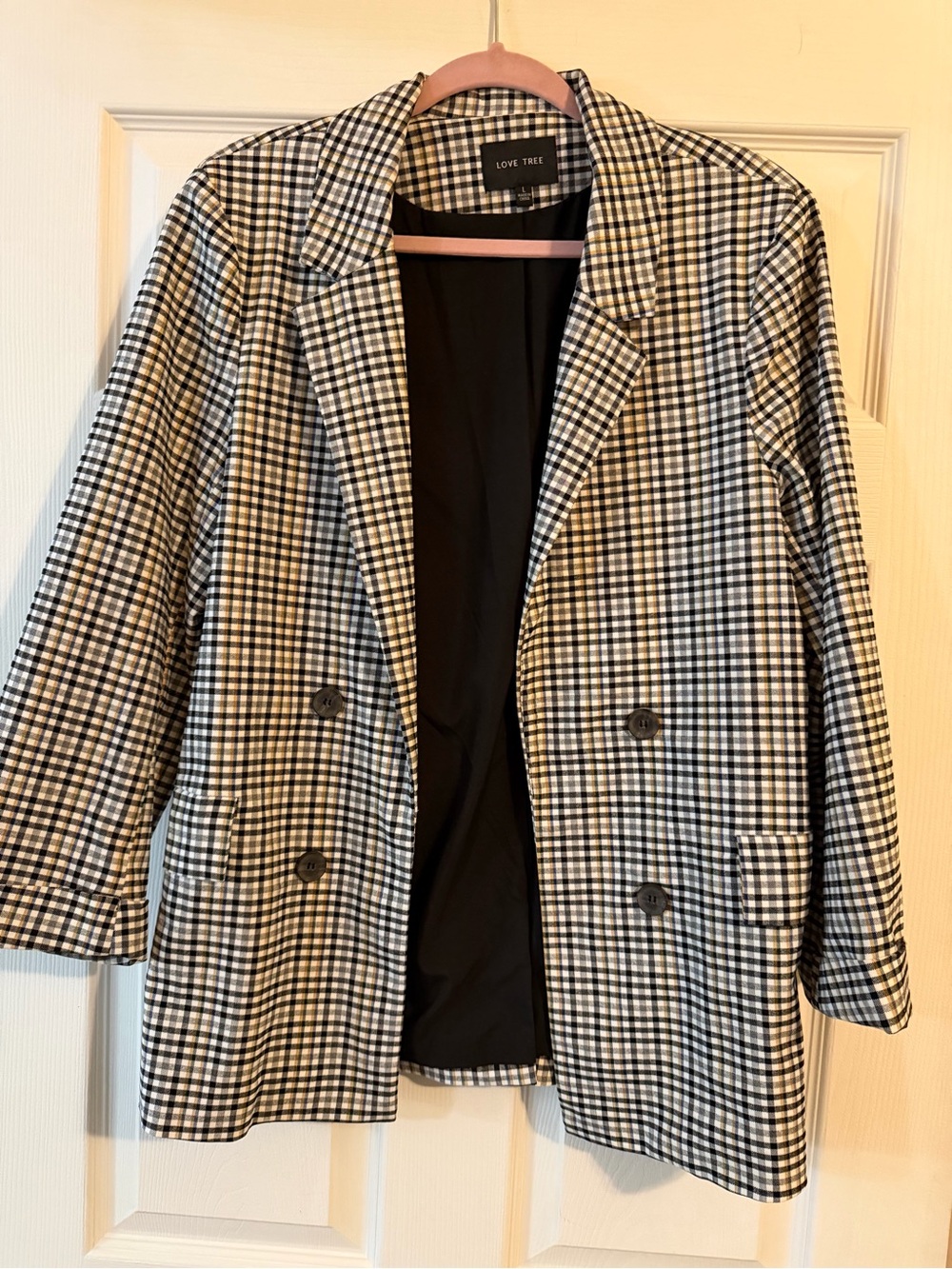 Love Tree Black & White Gingham Double-Breasted Blazer